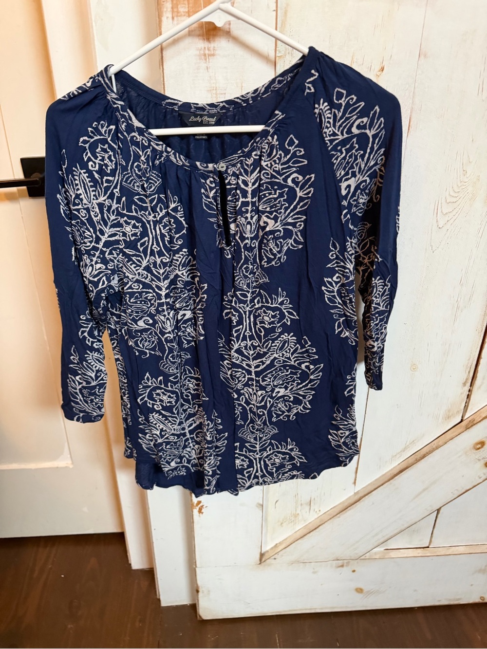 Lucky Brand Navy Blue Printed Peasant Top